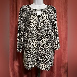 Black /White Animal Print “ Notations “ Stretch No Iron Top